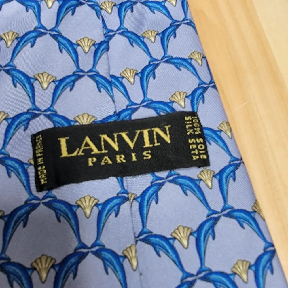 Lanvin Paris Dolphin Print Silk Tie Blue Sea Life Ocean Marine Novelty Necktie
